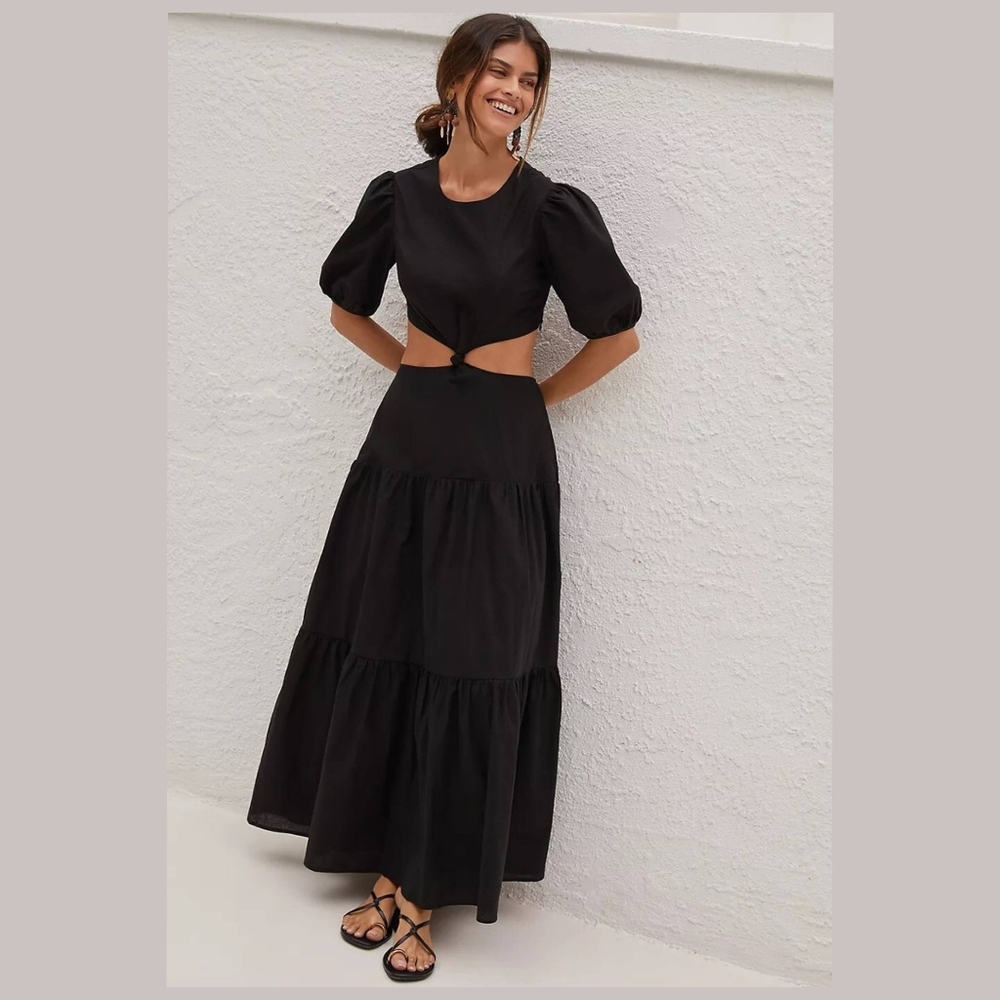 Anthropologie Charlie Holiday Black Short Sleeve Cut Out Waist Maxi Dress